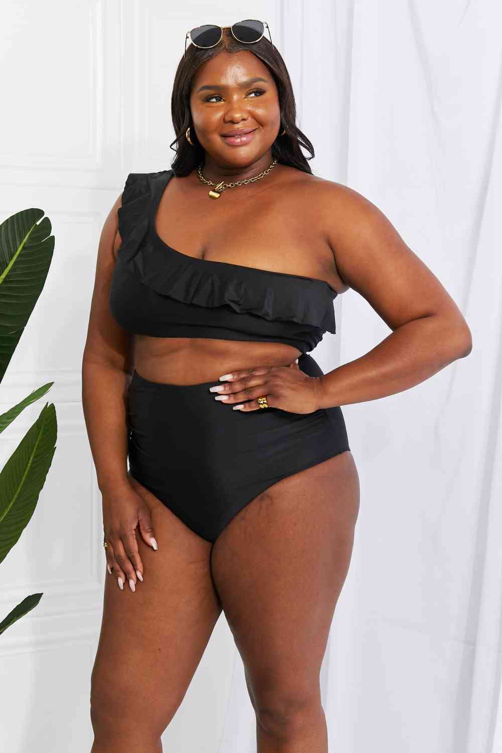 Marina West Swim Seaside Romance Ruffle One-Shoulder Bikini in Black - Ladyez