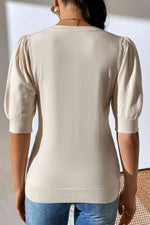 Round Neck Puff Sleeve Knit Top - Ladyez