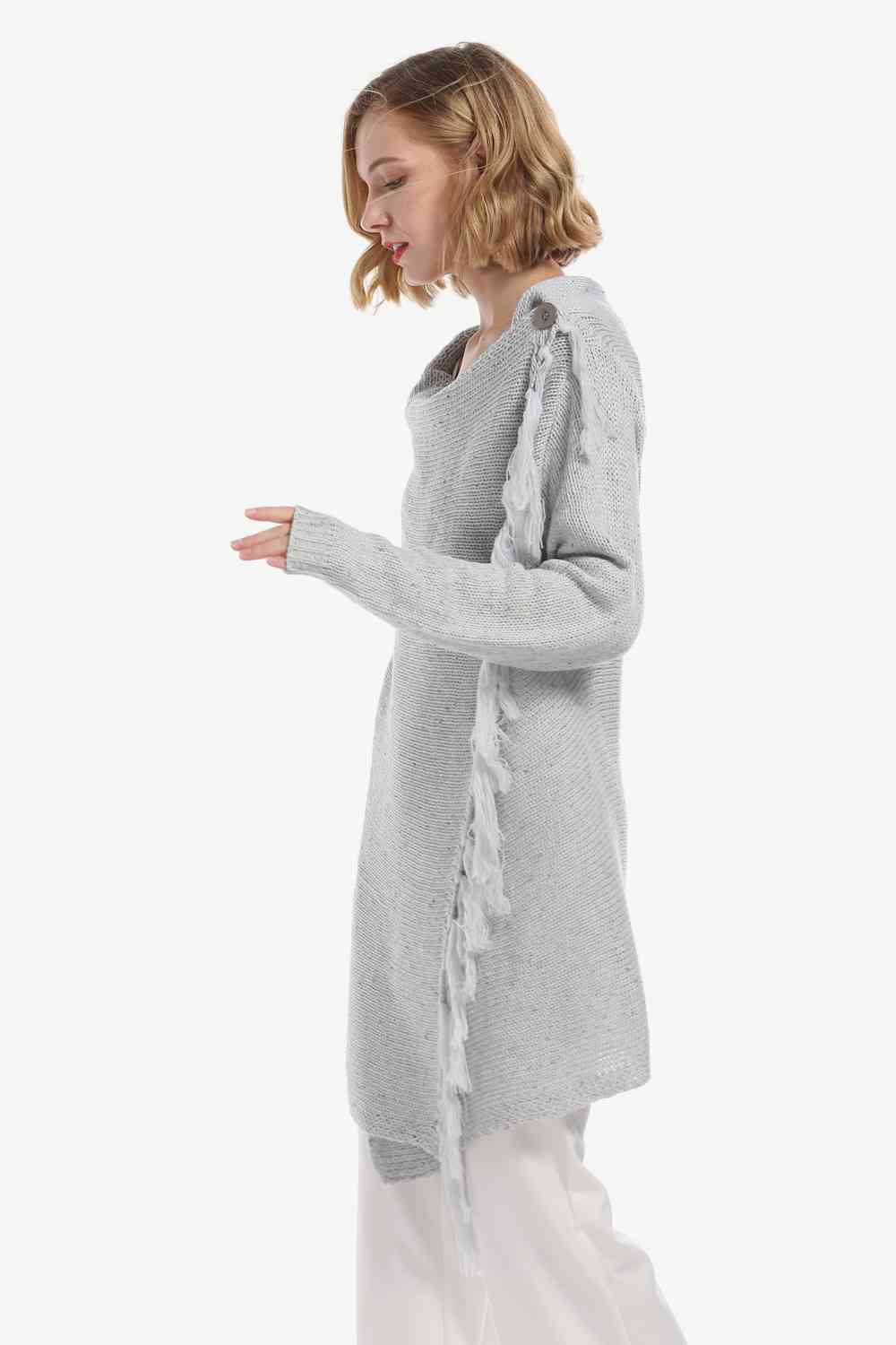 One-Button Tassel Tie Asymmetrical Hem Cardigan - Ladyez