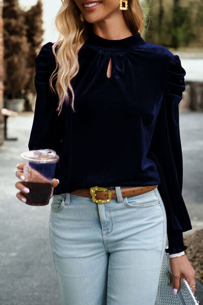 Tie Up Mock Neck Velvet Fabric Long Sleeve Blouse - Ladyez