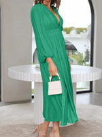 Deep V-Neck Balloon Sleeve Plain Maxi Dress - Ladyez