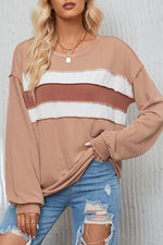 Ribbed Color Block Exposed Seam Round Neck Blouse - Ladyez