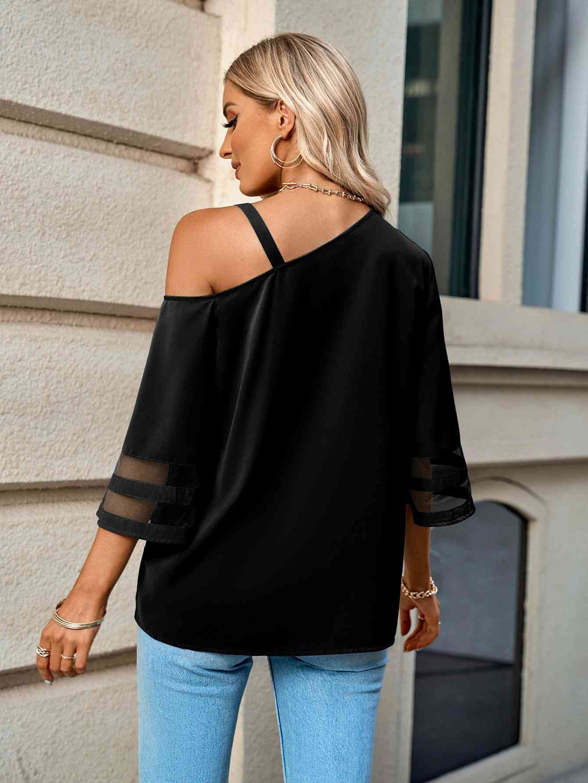 Asymmetrical Neck Sheer Striped Flare Sleeve Blouse - Ladyez