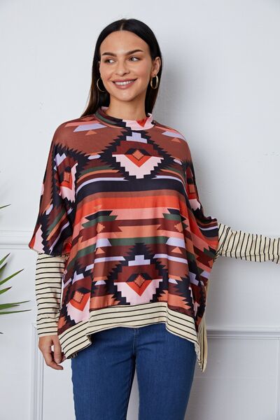 Geometric Striped Splicing Round Neck Blouse - Ladyez