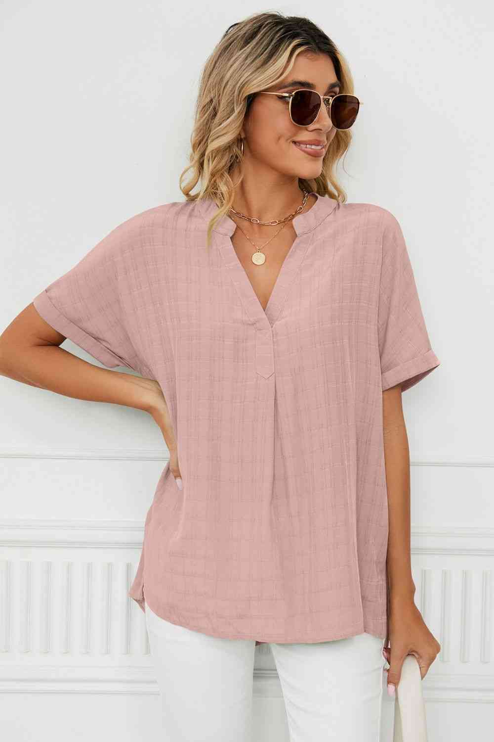 Side Slit Notched Neck Cuffed Short Sleeve Blouse - Ladyez