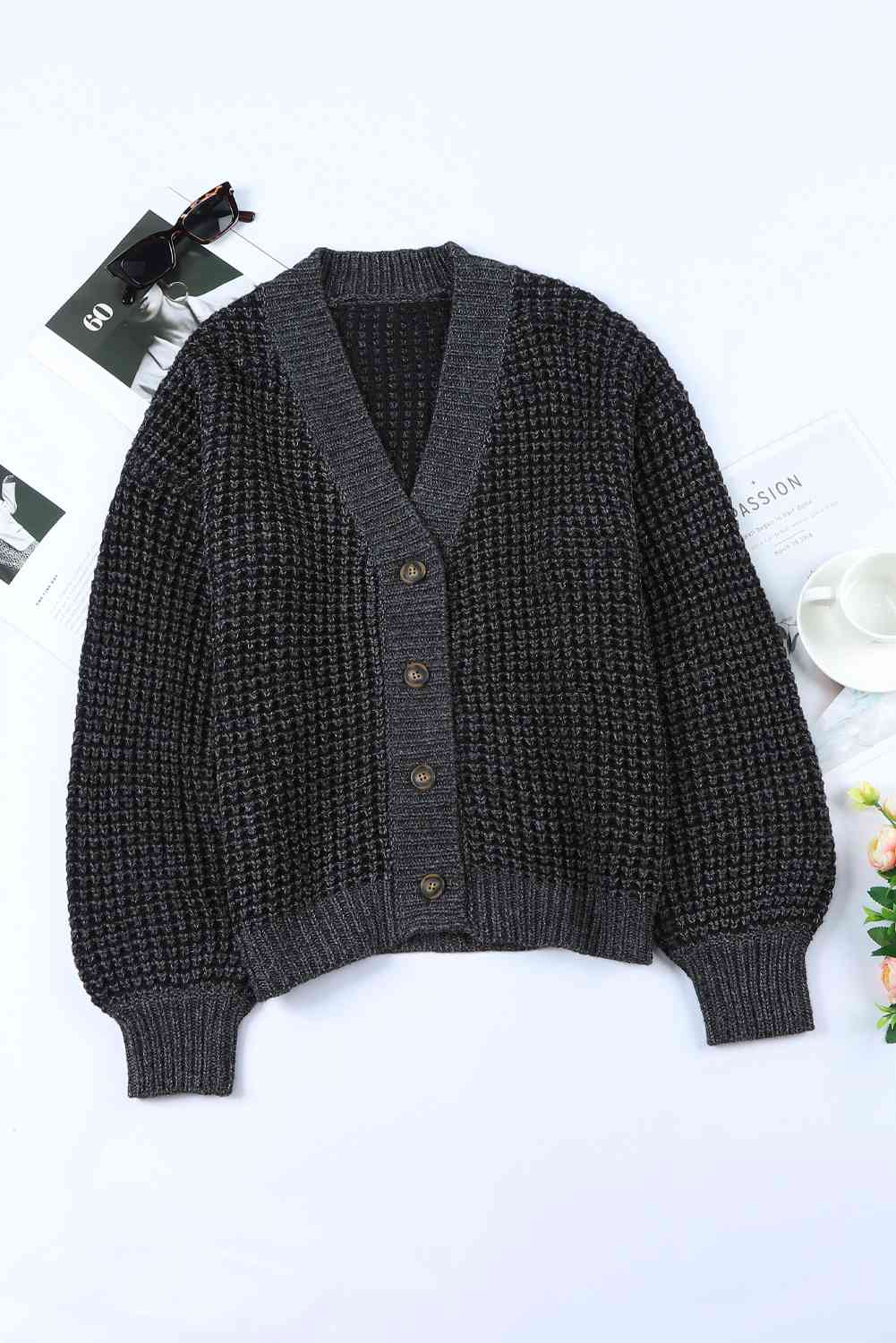 Woven Right Waffle-Knit Drop Shoulder Button-Down Cardigan - Ladyez