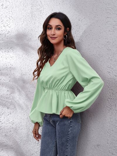 V-Neck Balloon Sleeve Peplum Blouse - Ladyez