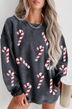 Sequin Candy Cane Round Neck Sweatshirt - Ladyez