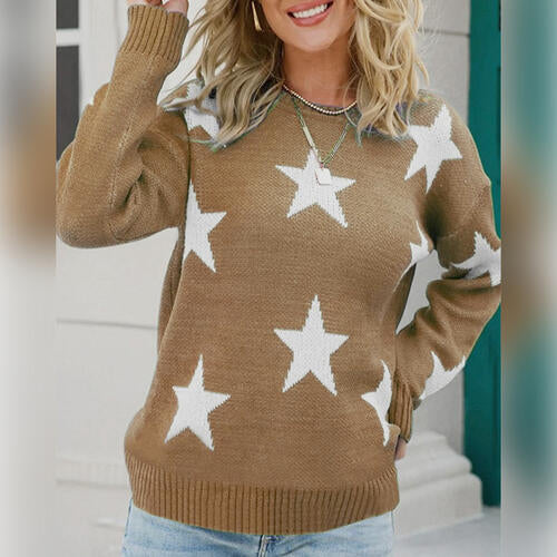 Star Pattern Round Neck Sweater - Ladyez