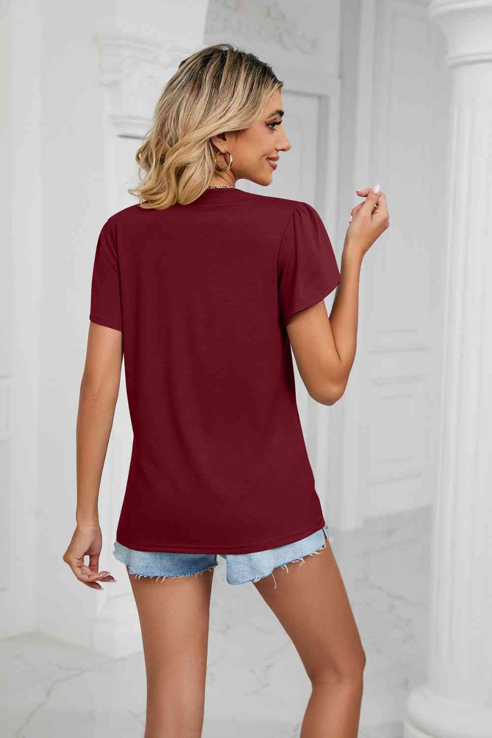 Contrast Trim Petal Sleeve V-Neck Top - Ladyez