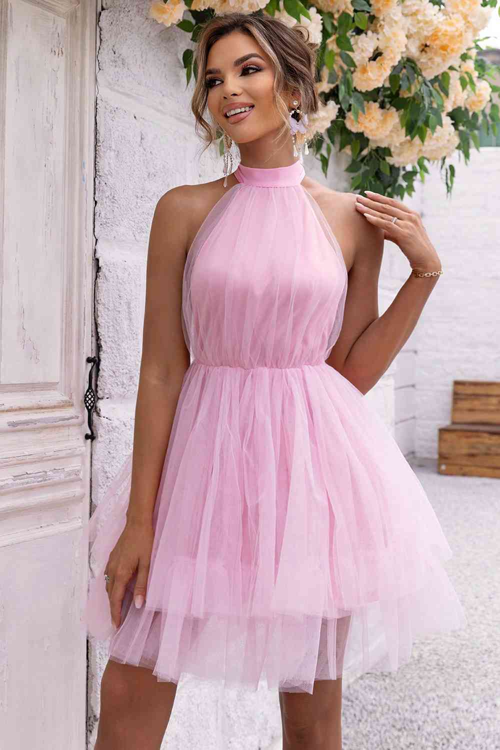Halter Neck Backless Mesh Dress - Ladyez