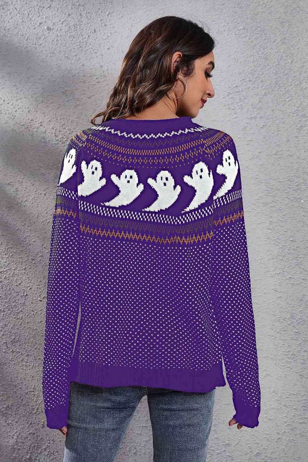 Ghost Pattern Round Neck Long Sleeve Sweater - Ladyez