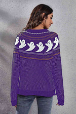 Ghost Pattern Round Neck Long Sleeve Sweater - Ladyez