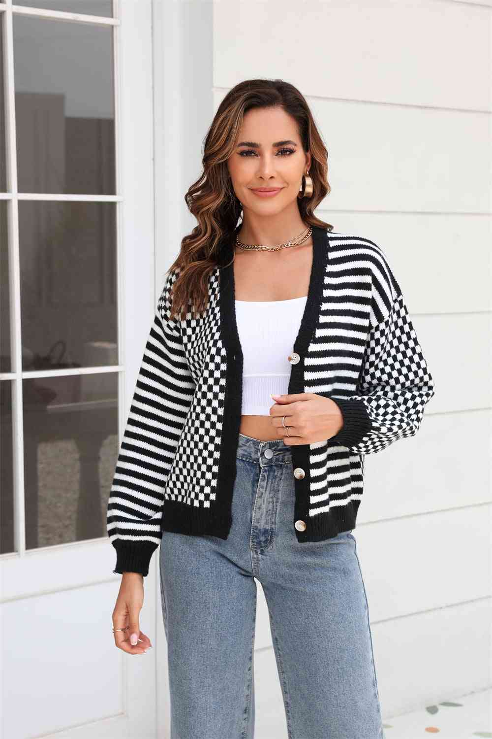 Button-Down Stripe & Plaid Contrast Pattern Cardigan - Ladyez
