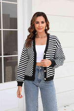 Button-Down Stripe & Plaid Contrast Pattern Cardigan - Ladyez