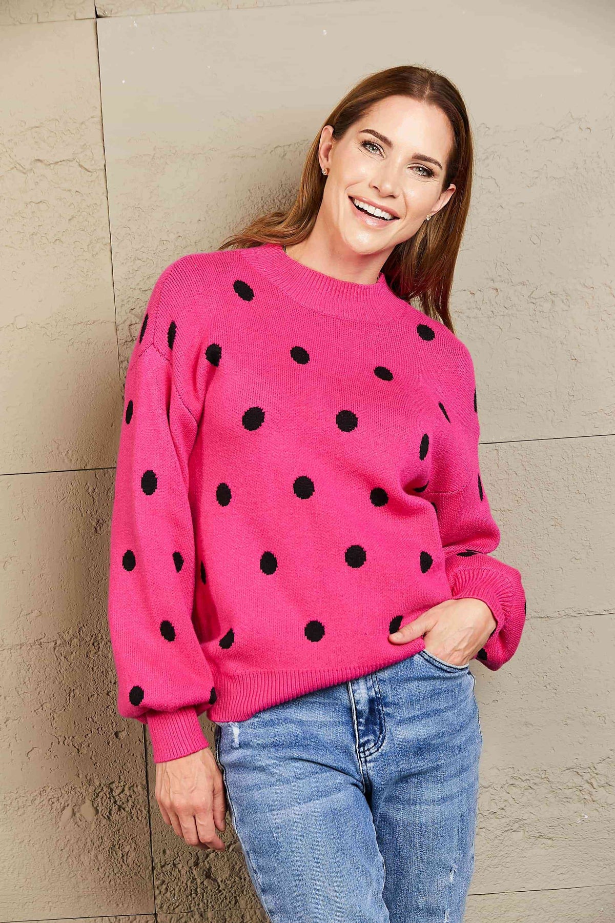 Woven Right Polka Dot Round Neck Dropped Shoulder Sweater - Ladyez