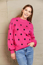 Woven Right Polka Dot Round Neck Dropped Shoulder Sweater - Ladyez