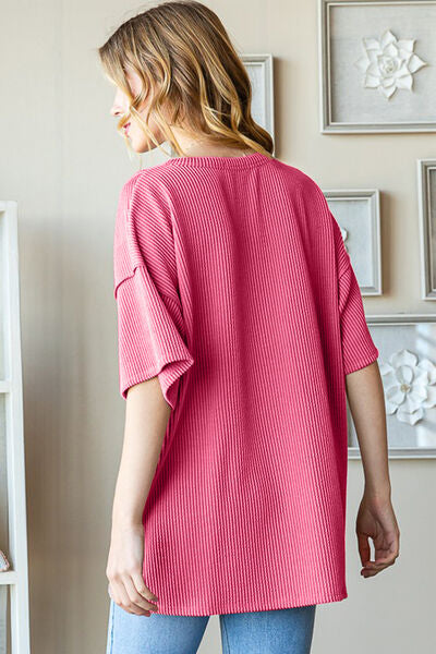 Heimish Full Size Ribbed Half Button Drop Shoulder Top - Ladyez