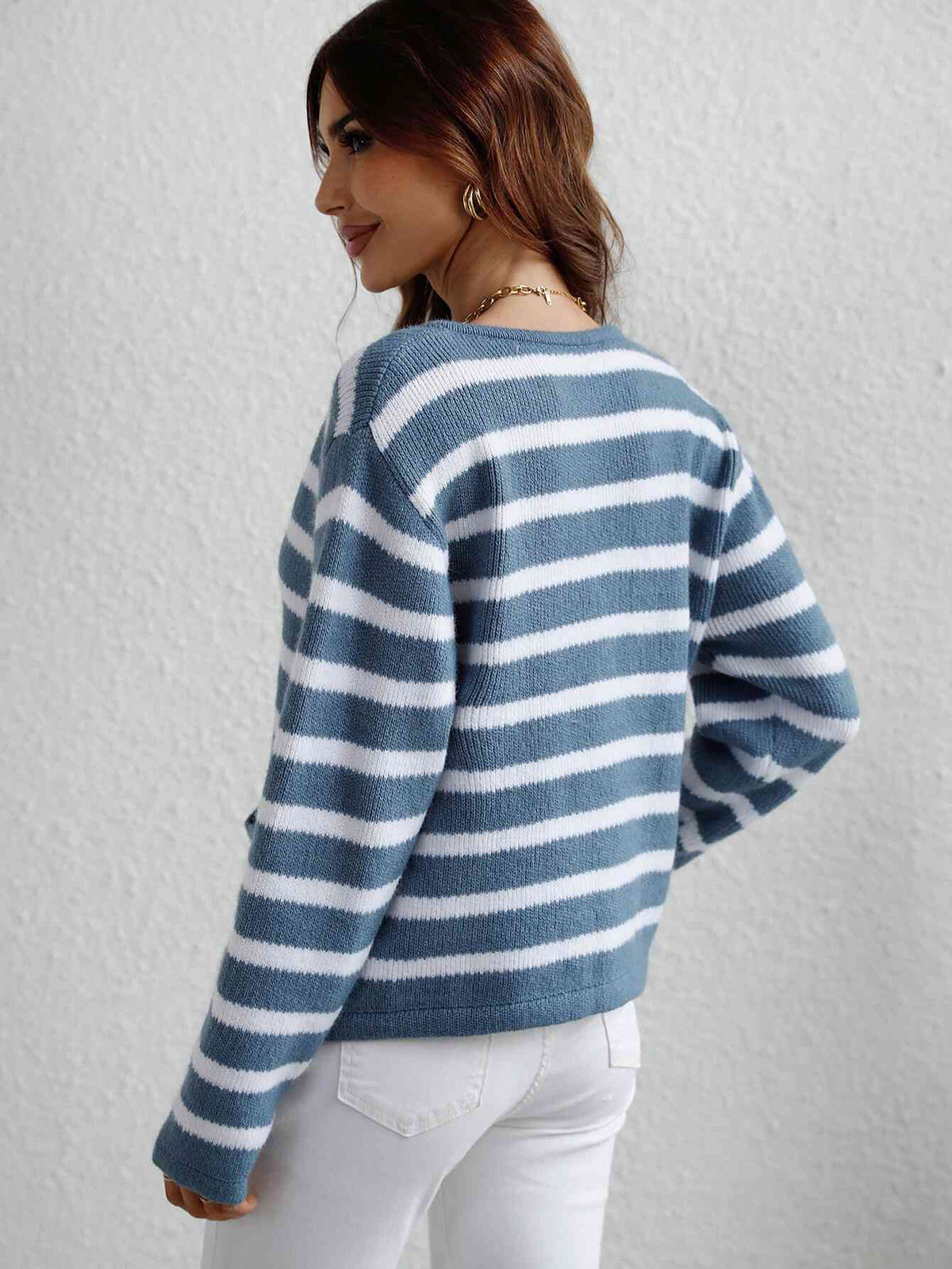 Woven Right Striped Button Front Cardigan - Ladyez