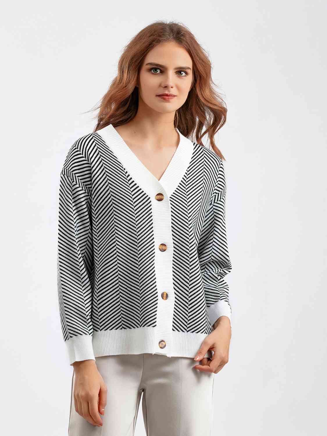 Button Down V-Neck Cardigan - Ladyez