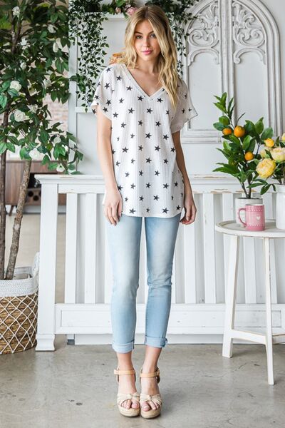 Heimish Full Size Star Print Short Sleeve V-Neck Waffle Knit T-Shirt - Ladyez