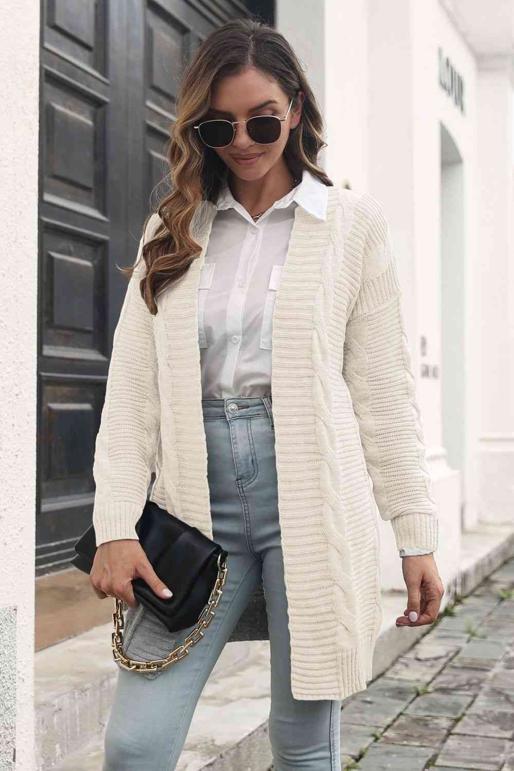 Open Front Cable-Knit Cardigan - Ladyez