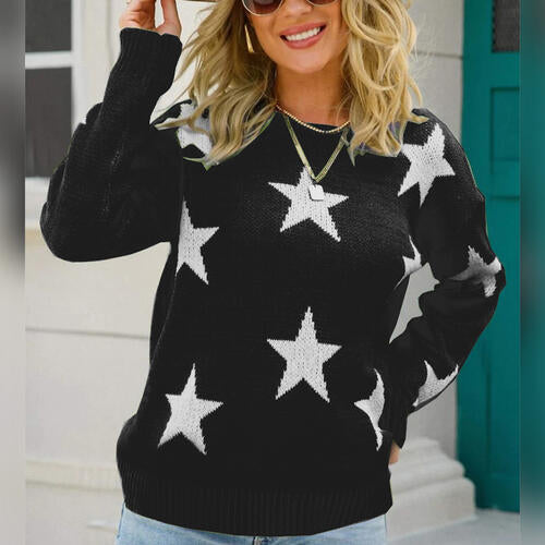 Star Pattern Round Neck Sweater - Ladyez