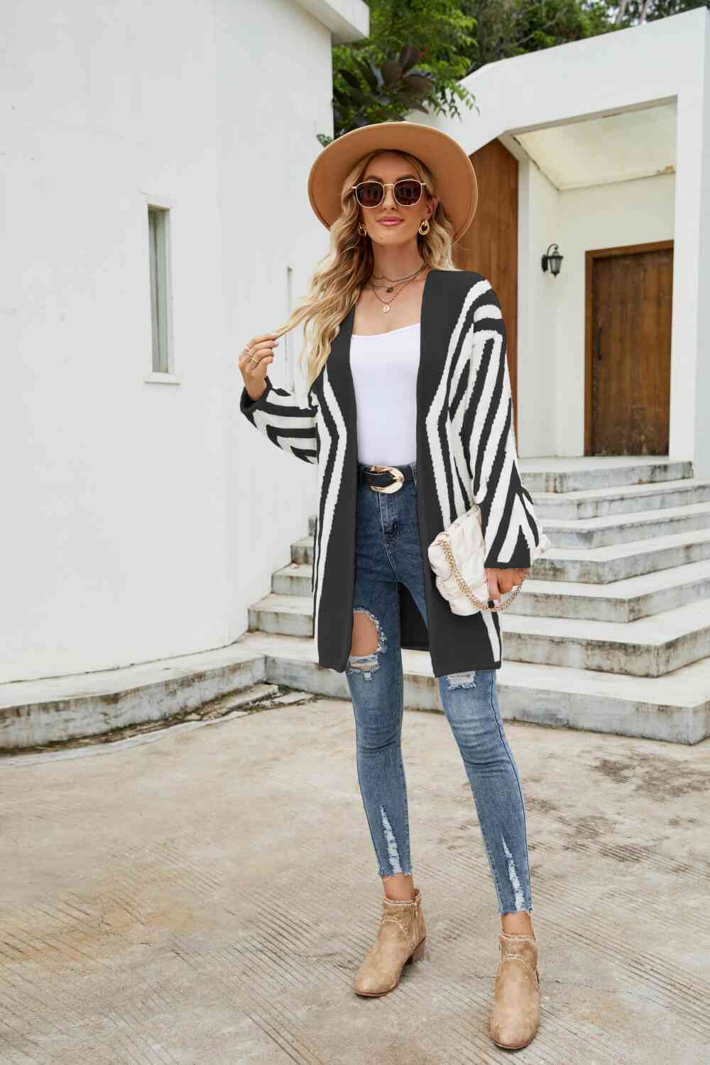 Woven Right Two-Tone Open Front Fuzzy Longline Cardigan - Ladyez
