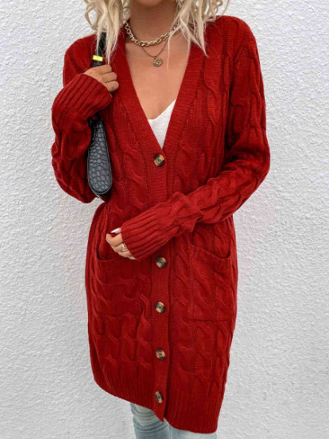 Cable-Knit Button Down Cardigan with Pockets - Ladyez