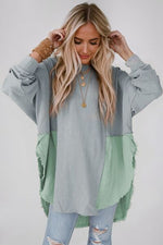 Contrast Texture Round Neck Long Sleeve Blouse - Ladyez