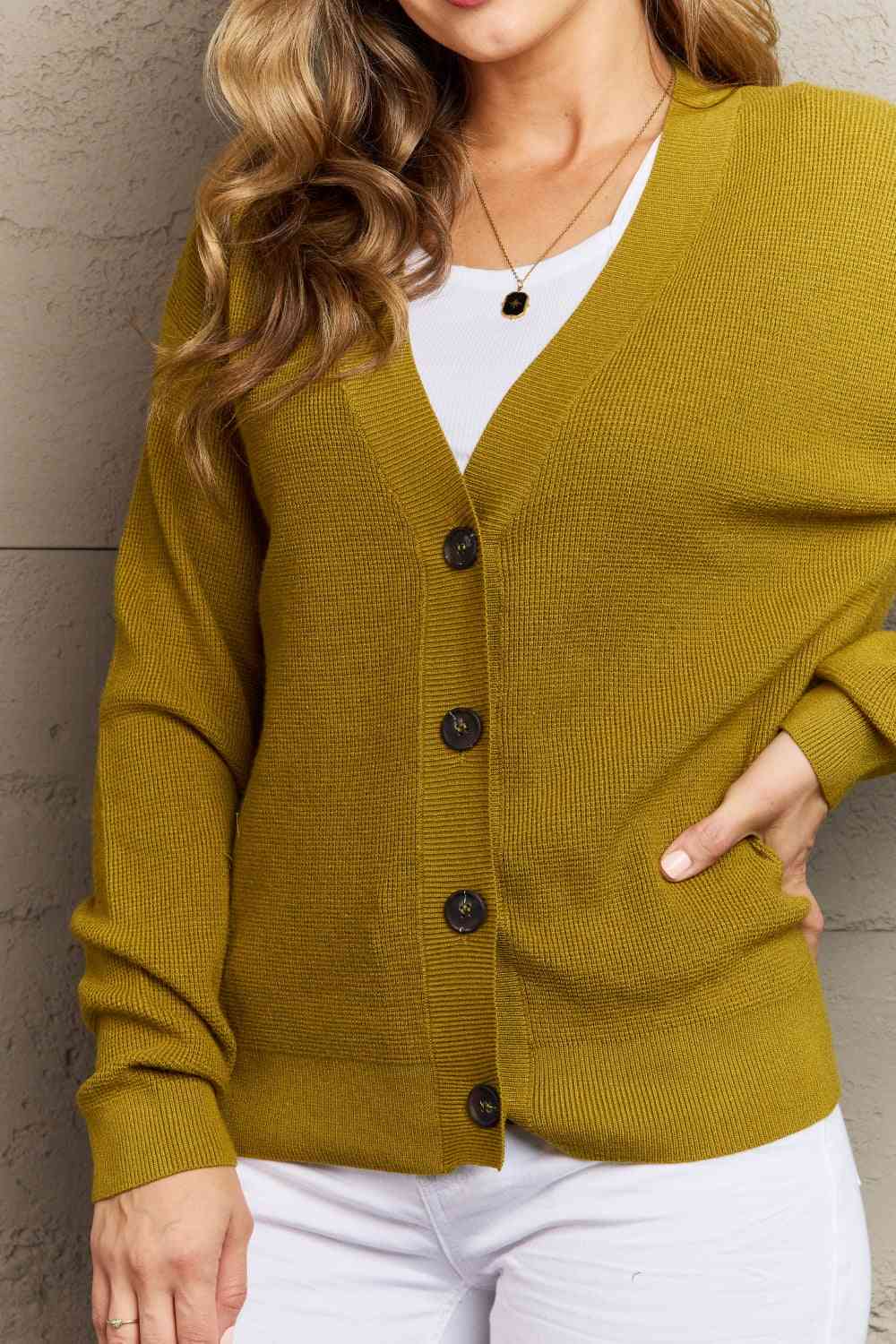 Zenana Kiss Me Tonight Full Size Button Down Cardigan in Chartreuse - Ladyez