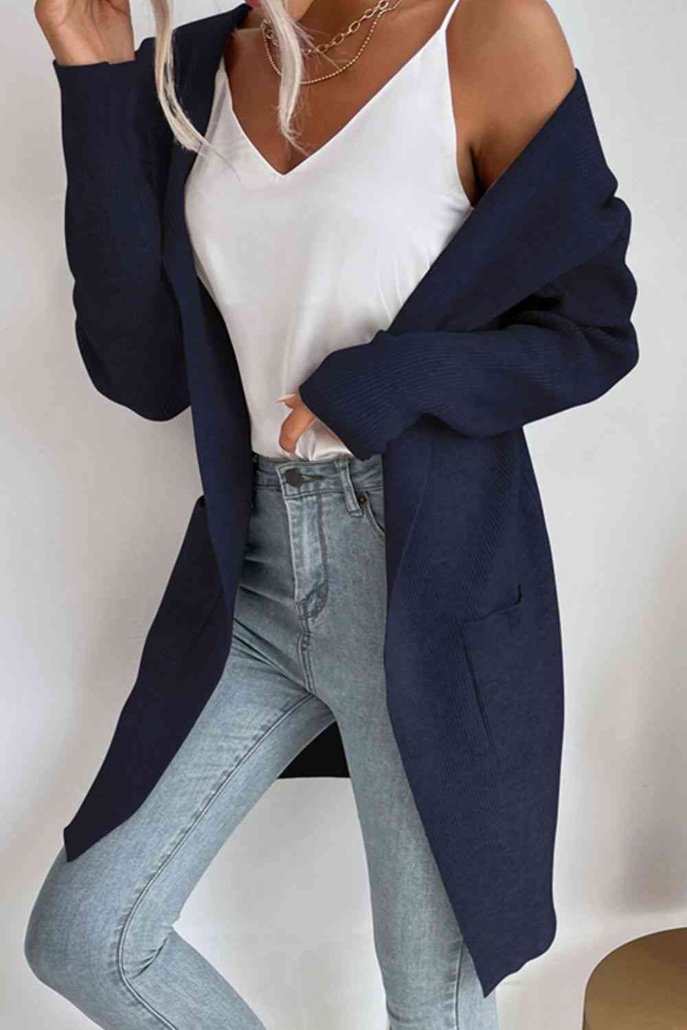 Double Take Ribbed Open Front Hooded Cardigan with Pockets - Ladyez