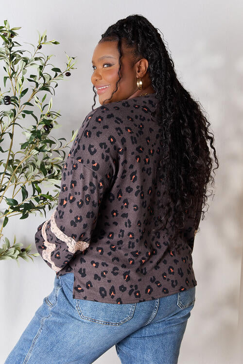 Jade By Jane Full Size Leopard Lace Detail Blouse - Ladyez