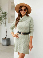 Turtleneck Long Sleeve Slit Sweater Dress - Ladyez