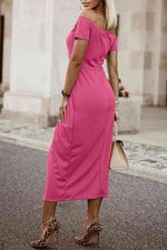 Off-Shoulder Short Sleeve Split Dress - Ladyez