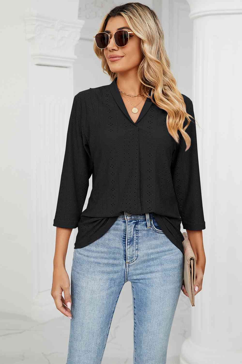 Eyelet Three-Quarter Sleeve Blouse - Ladyez