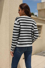 Striped Round Neck Button-Down Dropped Shoulder Cardigan - Ladyez
