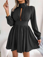 Cutout Turtleneck A-Line Mini Dress - Ladyez