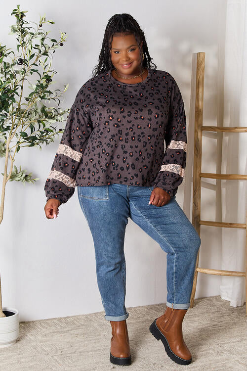 Jade By Jane Full Size Leopard Lace Detail Blouse - Ladyez