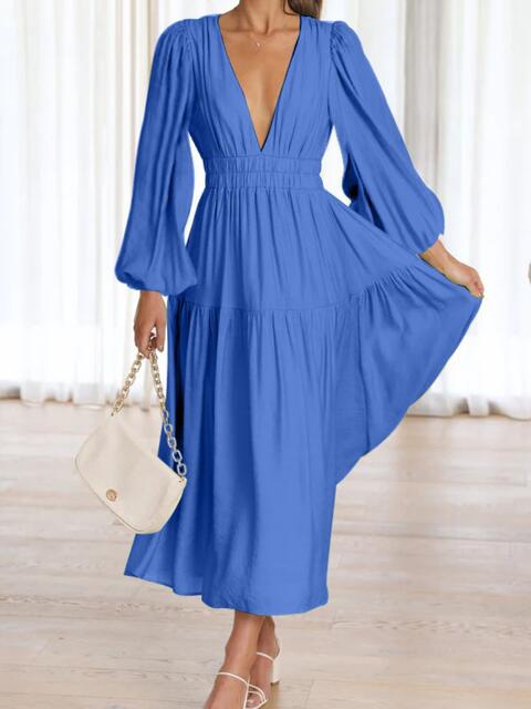 Deep V-Neck Balloon Sleeve Plain Maxi Dress - Ladyez