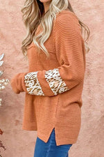 Waffle-Knit Leopard Long Sleeve Slit Blouse - Ladyez