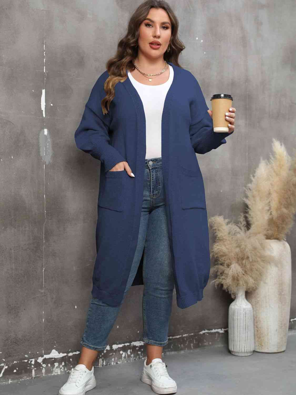 Plus Size Long Sleeve Pocketed Cardigan - Ladyez