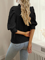 Texture Ruff Sleeve Mock Neck Blouse - Ladyez