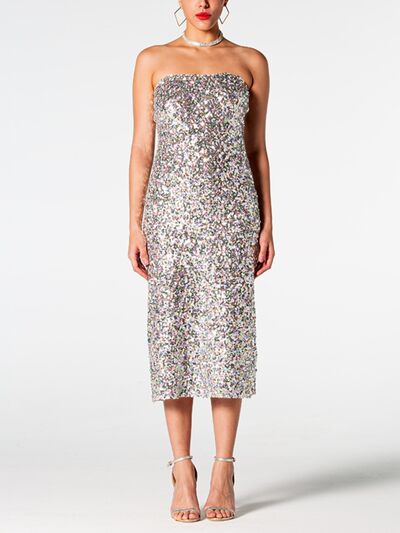 Sequin Straight Neck Midi Wrap Dress - Ladyez
