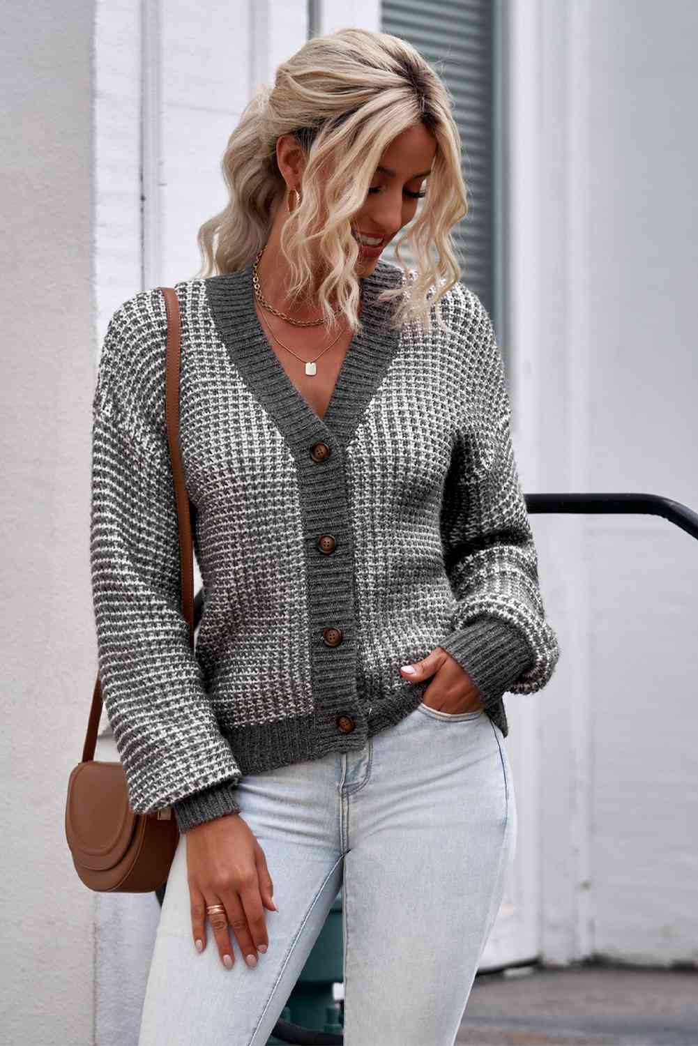 Woven Right Waffle-Knit Drop Shoulder Button-Down Cardigan - Ladyez