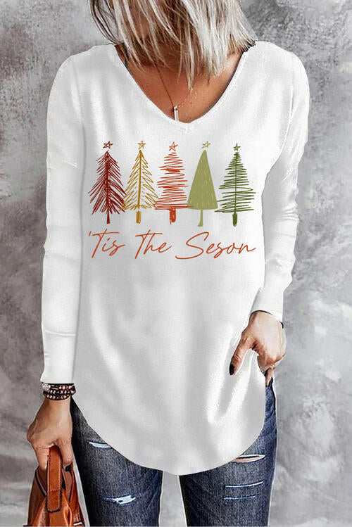 Graphic V-Neck Long Sleeve T-Shirt - Ladyez