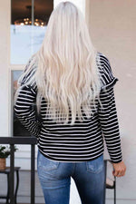 Striped Half Button Frill Trim Top - Ladyez