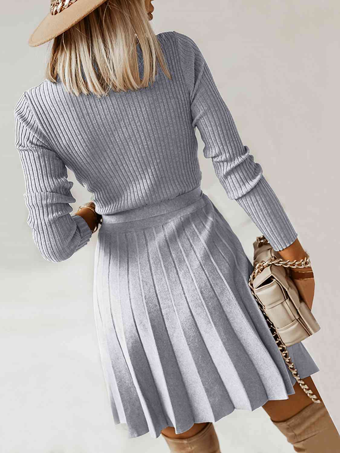 Surplice Neck Tie Front Pleated Sweater Dress - Ladyez