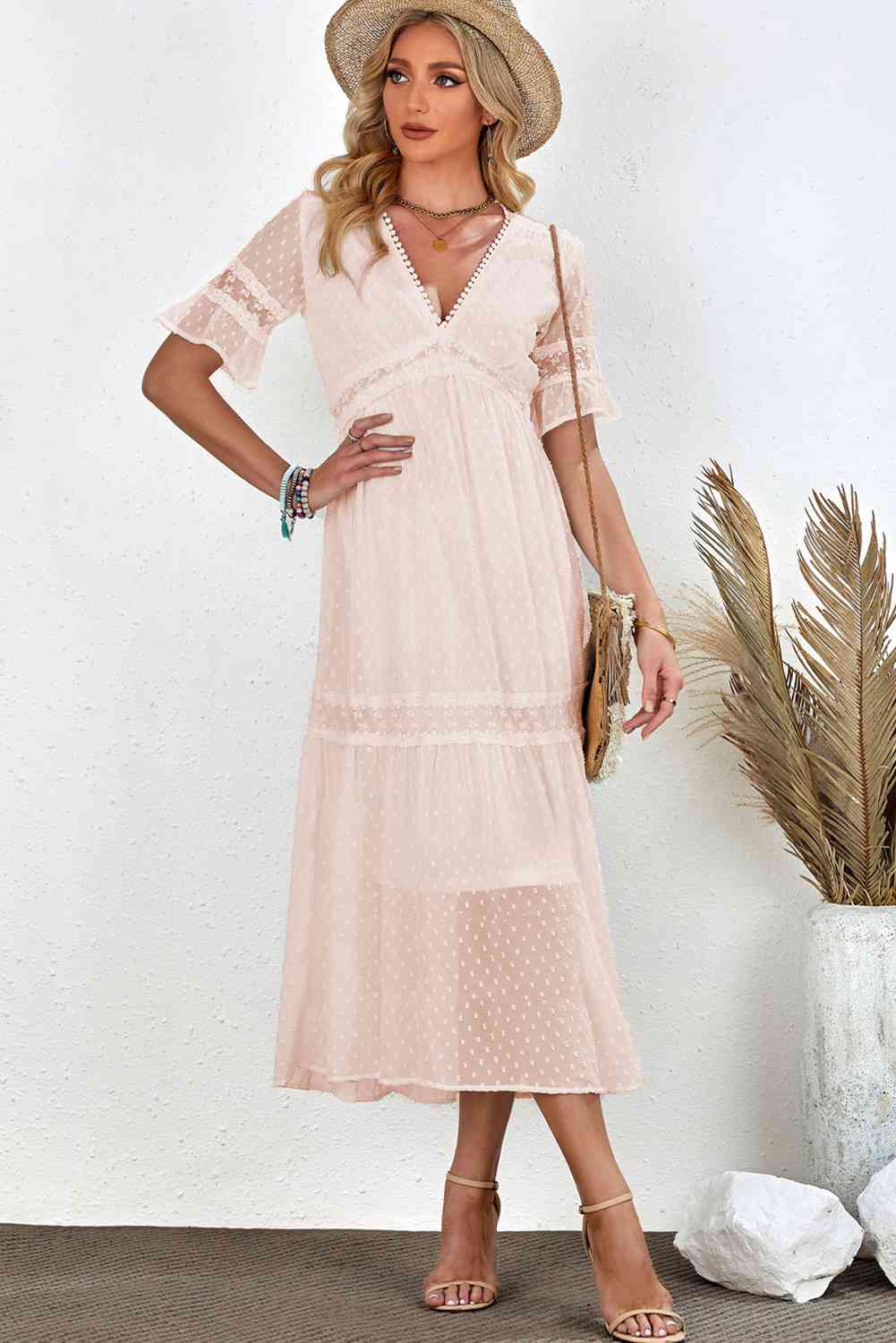Swiss Dot V-Neck Short Sleeve Midi Dress - Ladyez