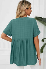 Side Slit Notched Neck Cuffed Short Sleeve Blouse - Ladyez